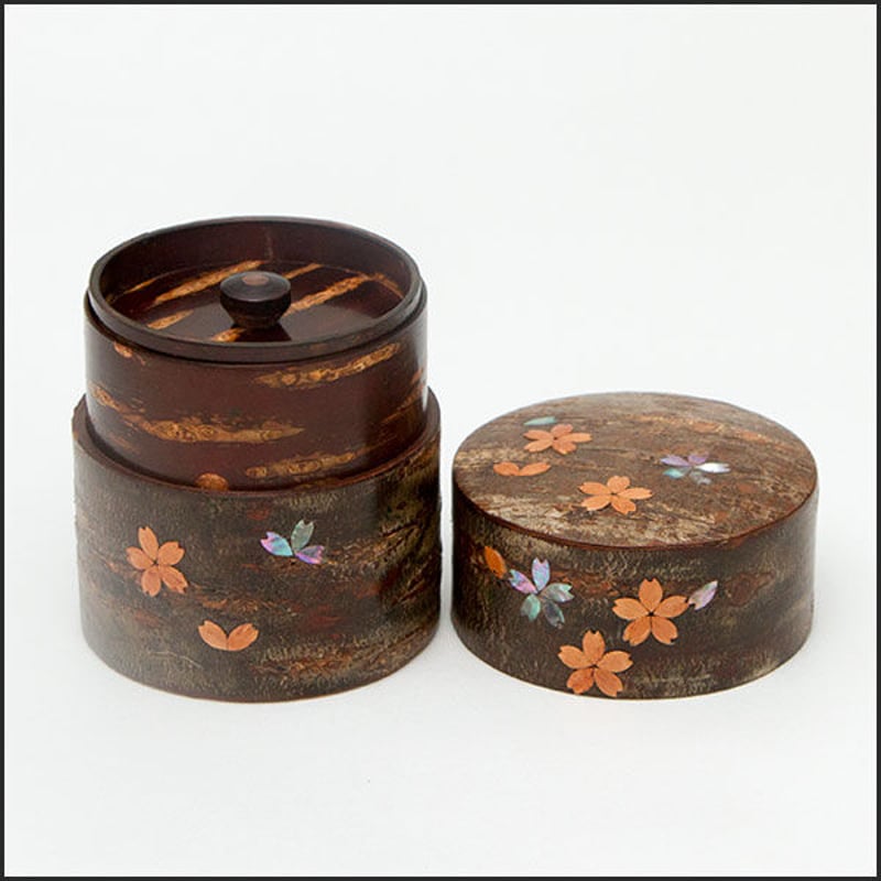 桜皮細工 総皮茶筒 らでん貝付平桜 ちらし皮 （樺細工） | 角館桜皮