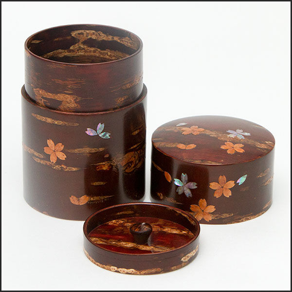 桜皮細工 総皮茶筒 らでん貝付桜 大（樺細工） | 角館桜皮細工センター