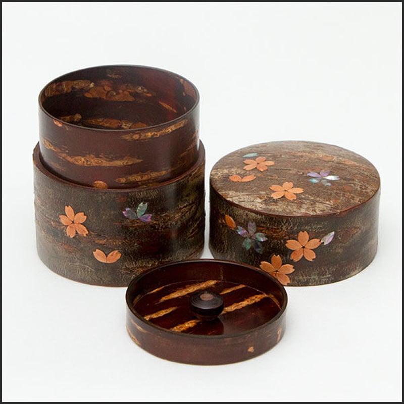 桜皮細工 総皮茶筒 らでん貝付平桜 ちらし皮 （樺細工） | 角館桜皮