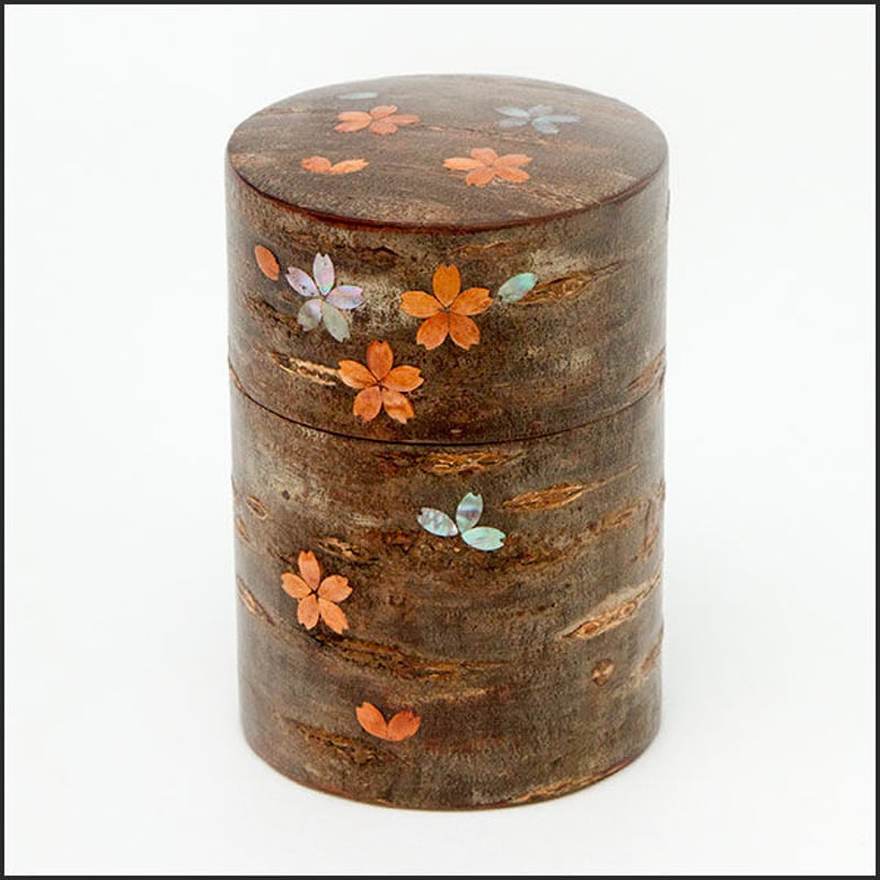 桜皮細工 総皮茶筒 らでん貝付大桜 ちらし皮 （樺細工） | 角館桜皮