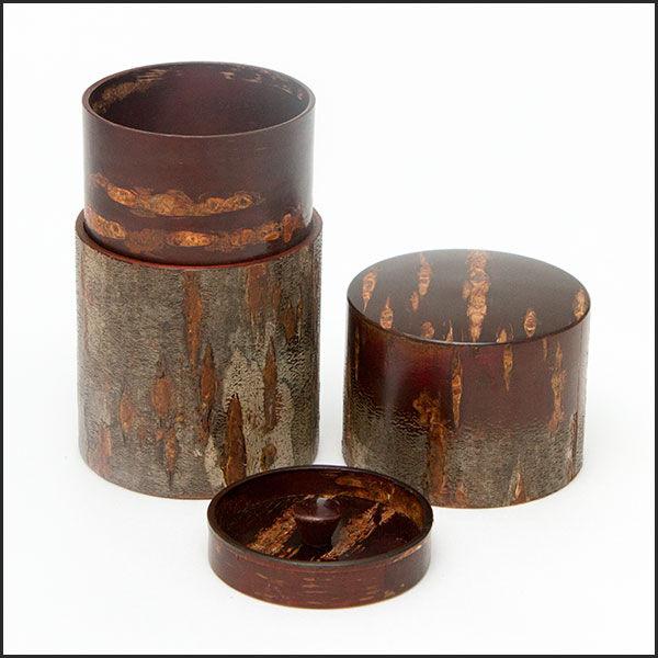 桜皮細工 総皮茶筒 たて貼細長ボカシ(樺細工)当店オリジナル 桜皮細工 総皮茶筒 たて貼細長ボカシ(樺細工)当店オリジナル