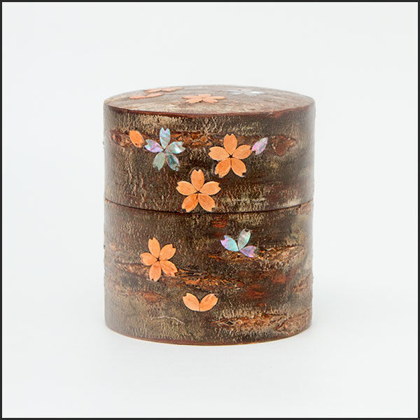 桜皮細工 総皮茶筒 らでん貝付平桜 ちらし皮 （樺細工） | 角館桜皮