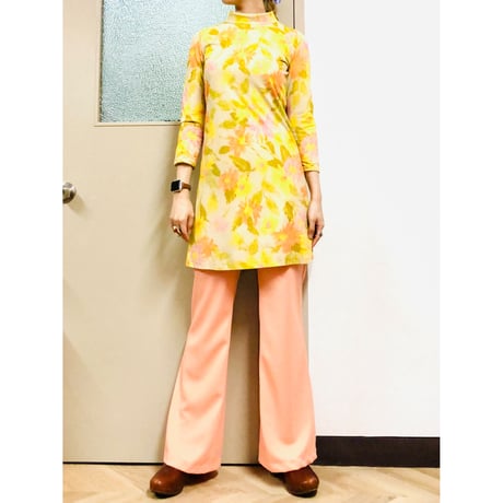 Vintage yellow floral mini dress【00907】