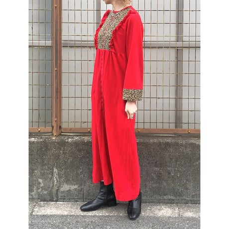 70s Red house maxi dress【01425】