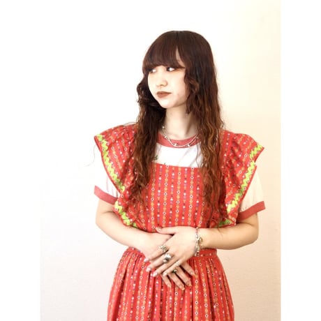 70s Red floral maxi dress【01314】