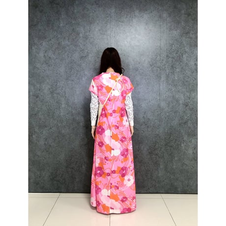 70s Pink floral maxi dress【01445】
