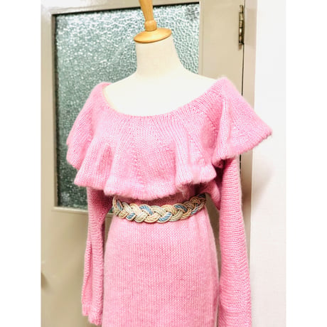 80s Knit pink dress【00589】