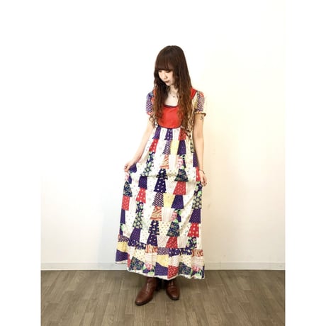 70s Patchwork pattern maxi dress【01311】