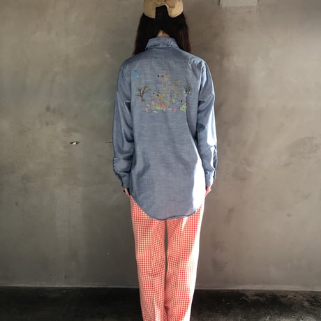 70s Red & White gingham poly pants【01290】