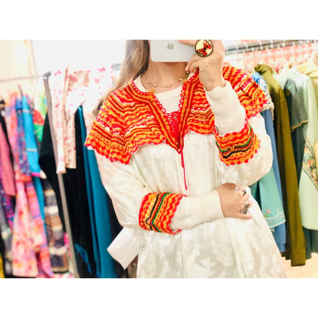 70s white satin floral dress【00889】