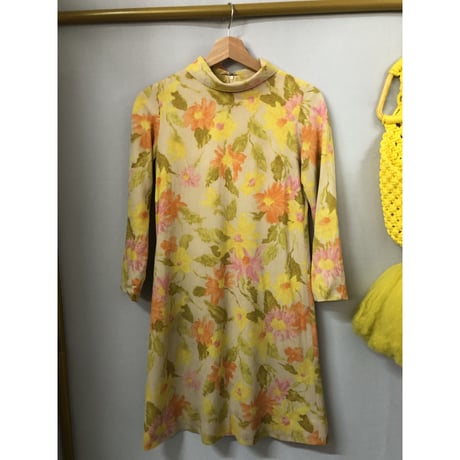 Vintage yellow floral mini dress【00907】