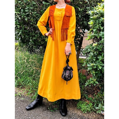 60s Handmade yellow maxi dress【00394】