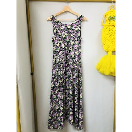 Vintage floral sleeveless long dress【00958】