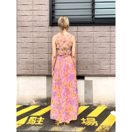 70s Pink floral maxi skirt【01500】