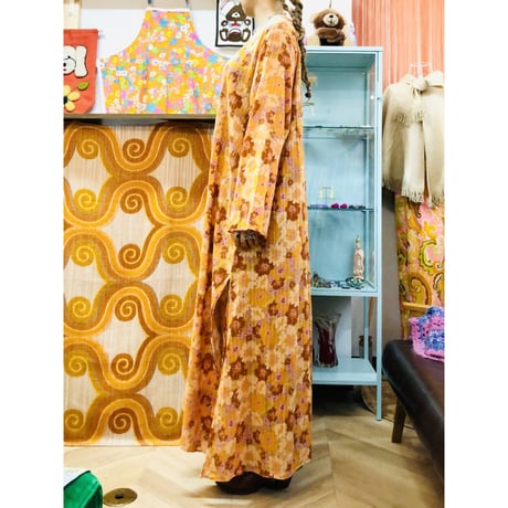 Vintage orange floral maxi dress【01217】