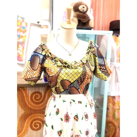 Vintage yellow african batik top【01177】