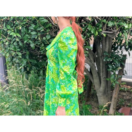 70s Lime green ｍaxi dress【00397】