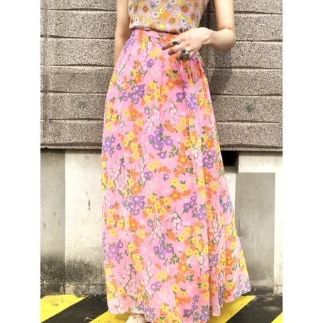 70s Pink floral maxi skirt【01500】