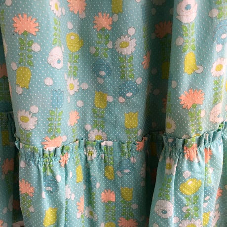70s Light blue floral maxi skirt【01319】