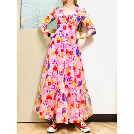 70s Hawaiian sheer maxi dress【00830】