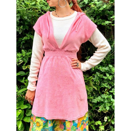70s Pink sleeve less hoodie【00310】