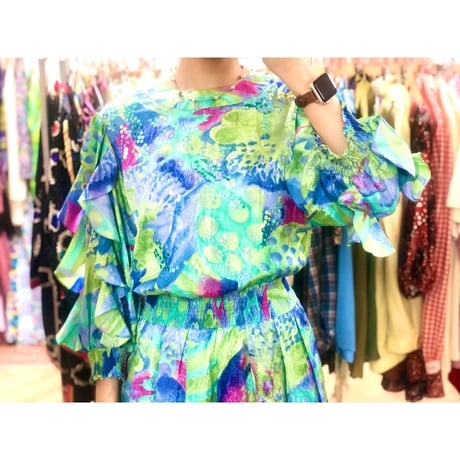 80s MONTAGE NIGHT watercolor ruffle dress【00976】
