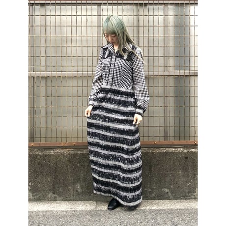 70s MISS K Black plaid maxi dress【01389】