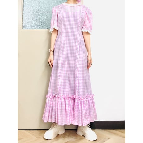 70s Purple gingham maxi dress with bonnet【00926】