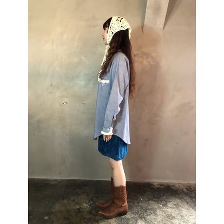 70s Butterfly paint chambray shirt【01292】