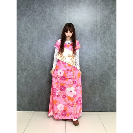 70s Pink floral maxi dress【01445】