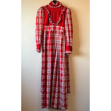 70s Gingham prairie style maxi dress【00467】