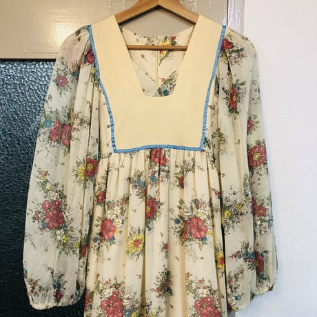 70s Balloon sleeve floral dress【01222】