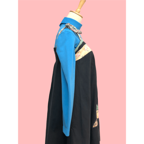 70s Blue poly turtleneck top【00416】