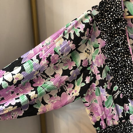 80s Floral ruffle dress 【01216】