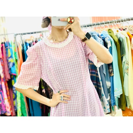 70s Purple gingham maxi dress with bonnet【00926】