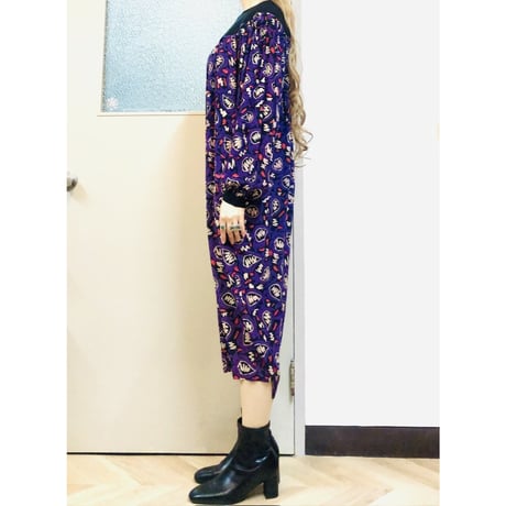 Casi Vintage purple print silk dress【01037】