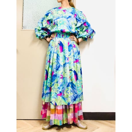 80s MONTAGE NIGHT watercolor ruffle dress【00976】