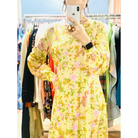 70s yellow floral maxi dress【00834】