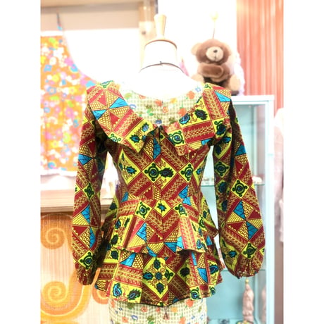 Green peplum african batik top【01178】