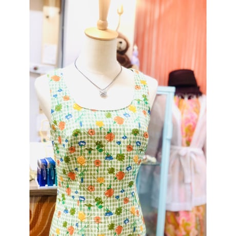 Vintage gingham×floral sleeveless dress【01202】