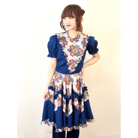 70s Navy patchwork printed midi dress【01316】