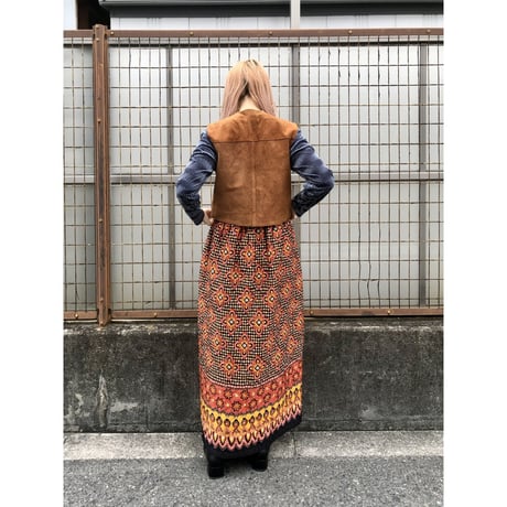 60s Orange floral quilted maxi skirt【01426】