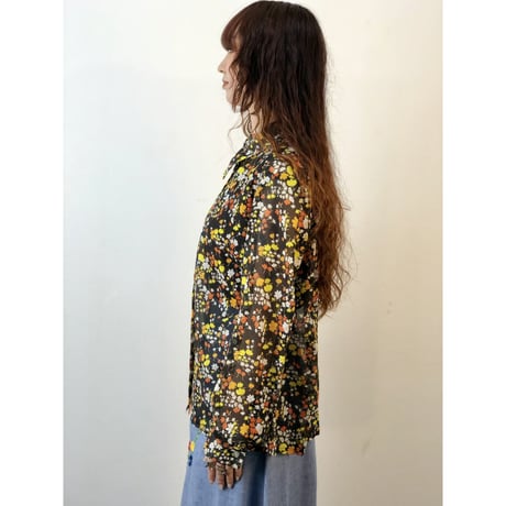 70s Black floral blouse【01296】