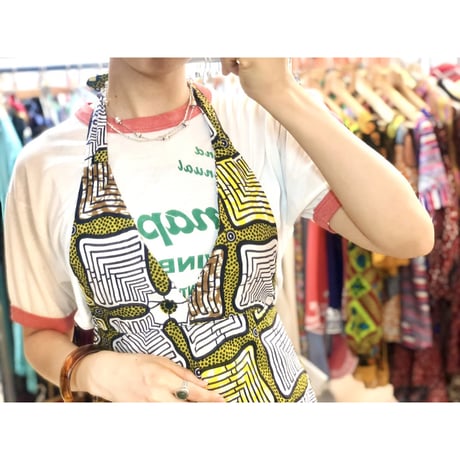 Vintage yellow African batik halter dress【01187】