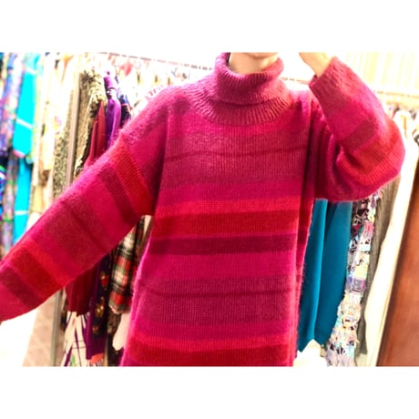 80s Pink border knit sweater【01058】