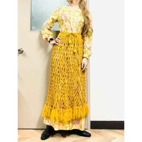 70s yellow floral maxi dress【00834】