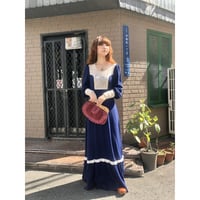 70s Navy prairie maxi dress【01224】