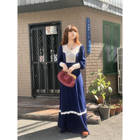 70s Navy prairie maxi dress【01224】