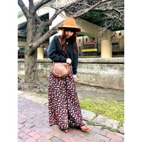 70s Black floral quilted maxi skirt【01081】