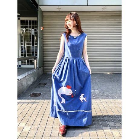 70s Sleeveless fish maxi dress【01099】